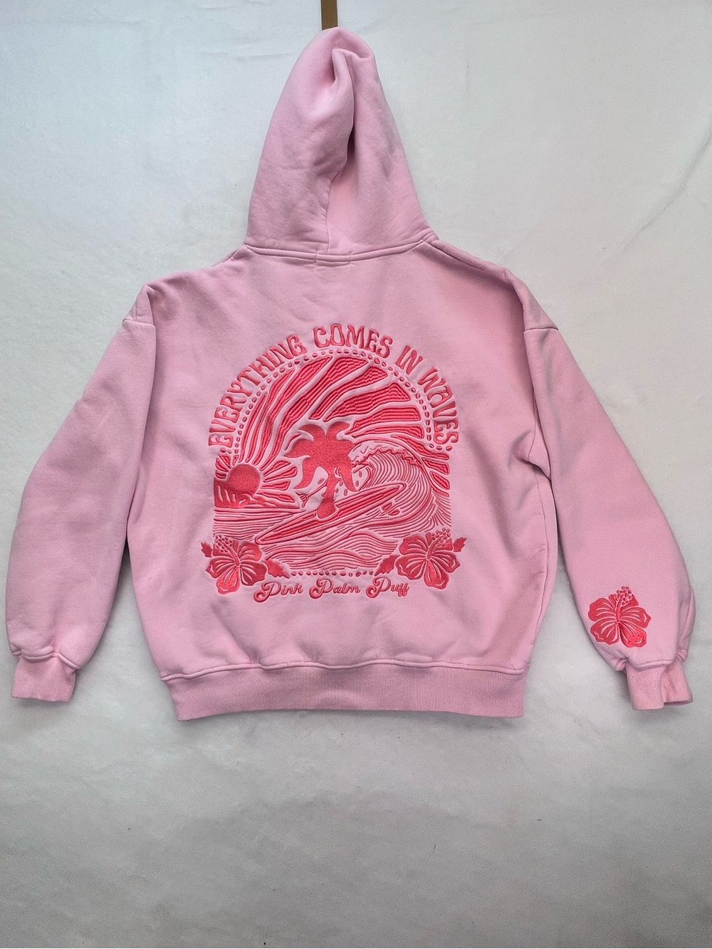 Pink Palm Puff Everything Comes In Embroidered Waves Hoodie Large - Picture 4 of 16